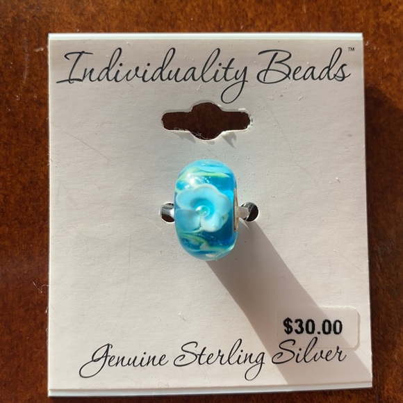 NWT aqua blue with white flowers sterling silver Individuality Bead - Picture 3 of 4